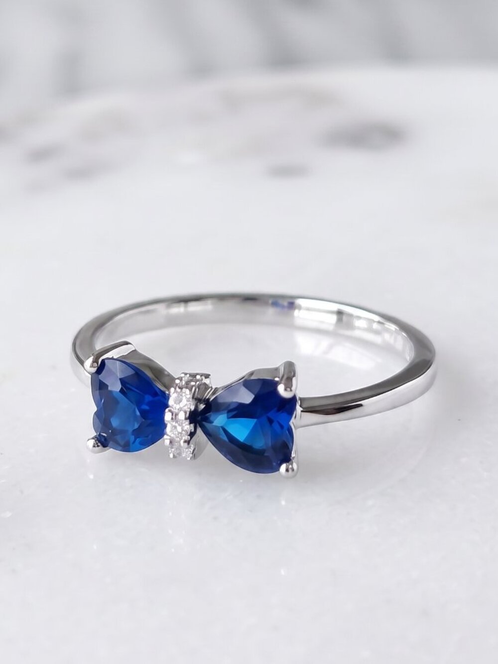 Dainty Blue Sapphire Bow Heart Gemstone ring - 925 Sterling Silver Charmed Aroma - Picture 3 of 4